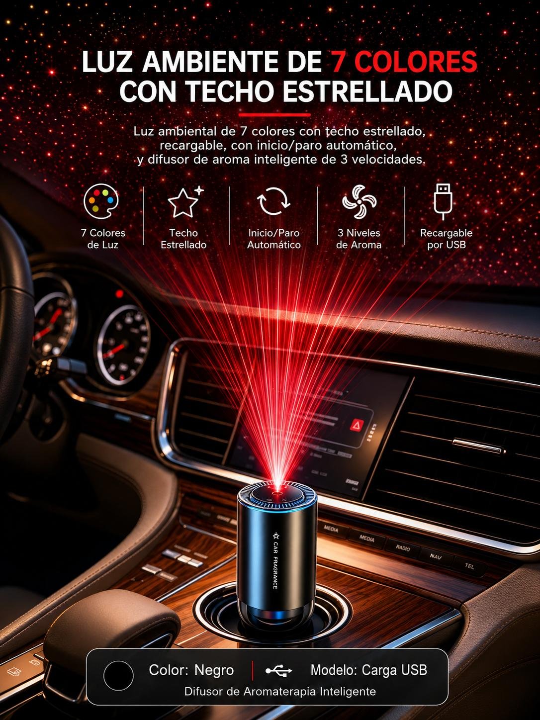 Aromatizador Difusor inteligente, ambientador de coche con luz ambiental.