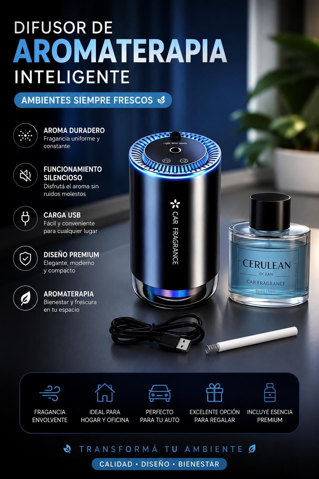 Aromatizador Difusor inteligente, ambientador de coche con luz ambiental.